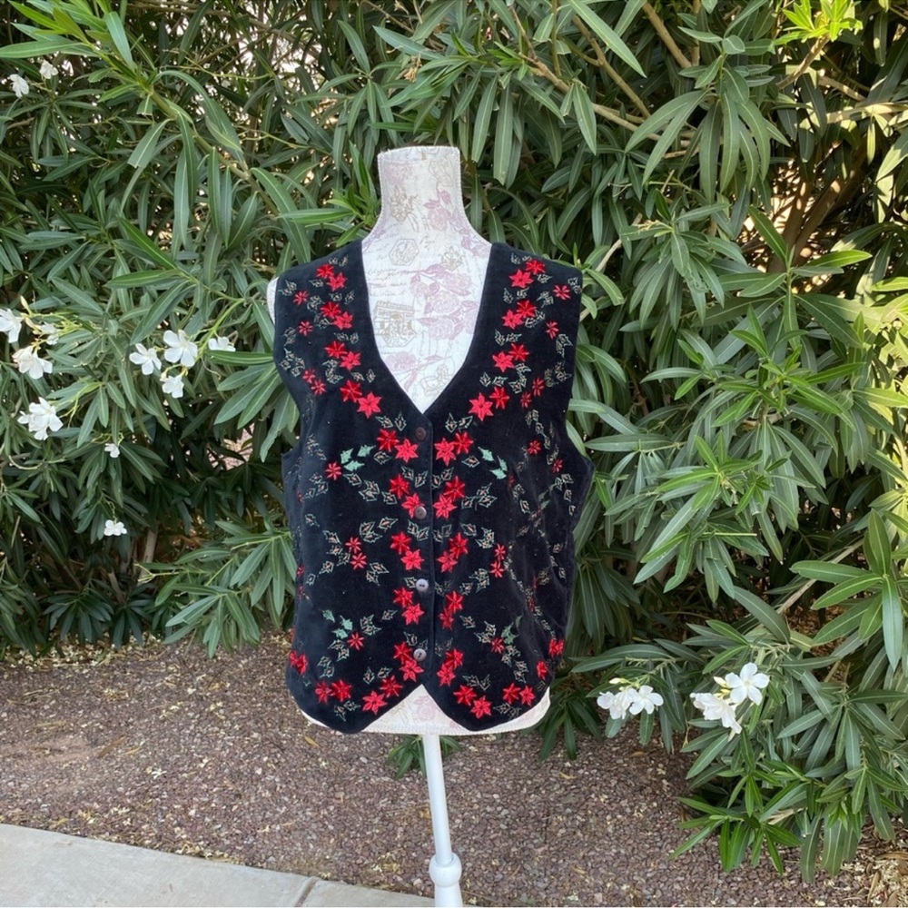 🎄 Vintage BSA Black Velvet Poinsettia Embroidered Christmas Vest - Size L